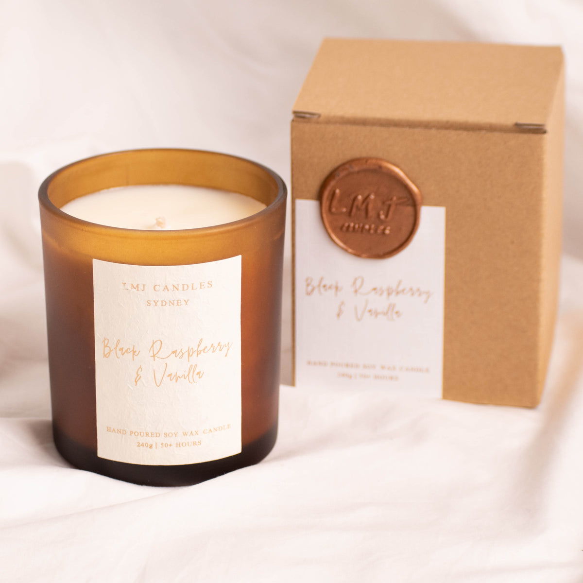 black raspberry & vanilla soy wax candle in amber jar, LMJ Candles