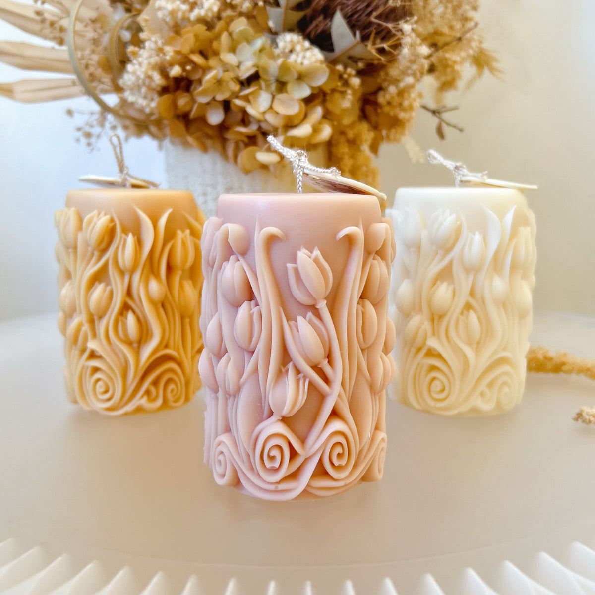 Tulip Scented Soy Pillar Candle, Flower Lover's Gift, LMJ Candles