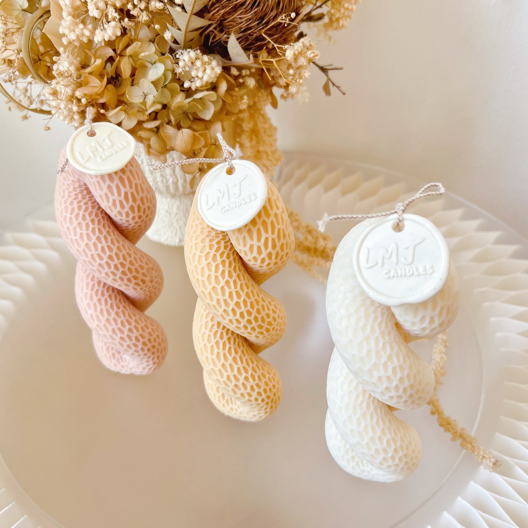 Patterned Twisted Scented Soy Pillar Candle - LMJ Candles