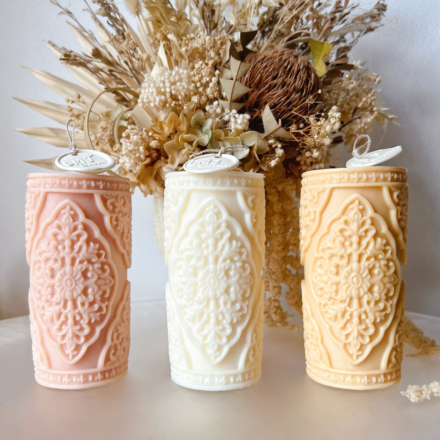 Vintage Lace Soy Pillar Candle, Statement Piece - LMJ Candles