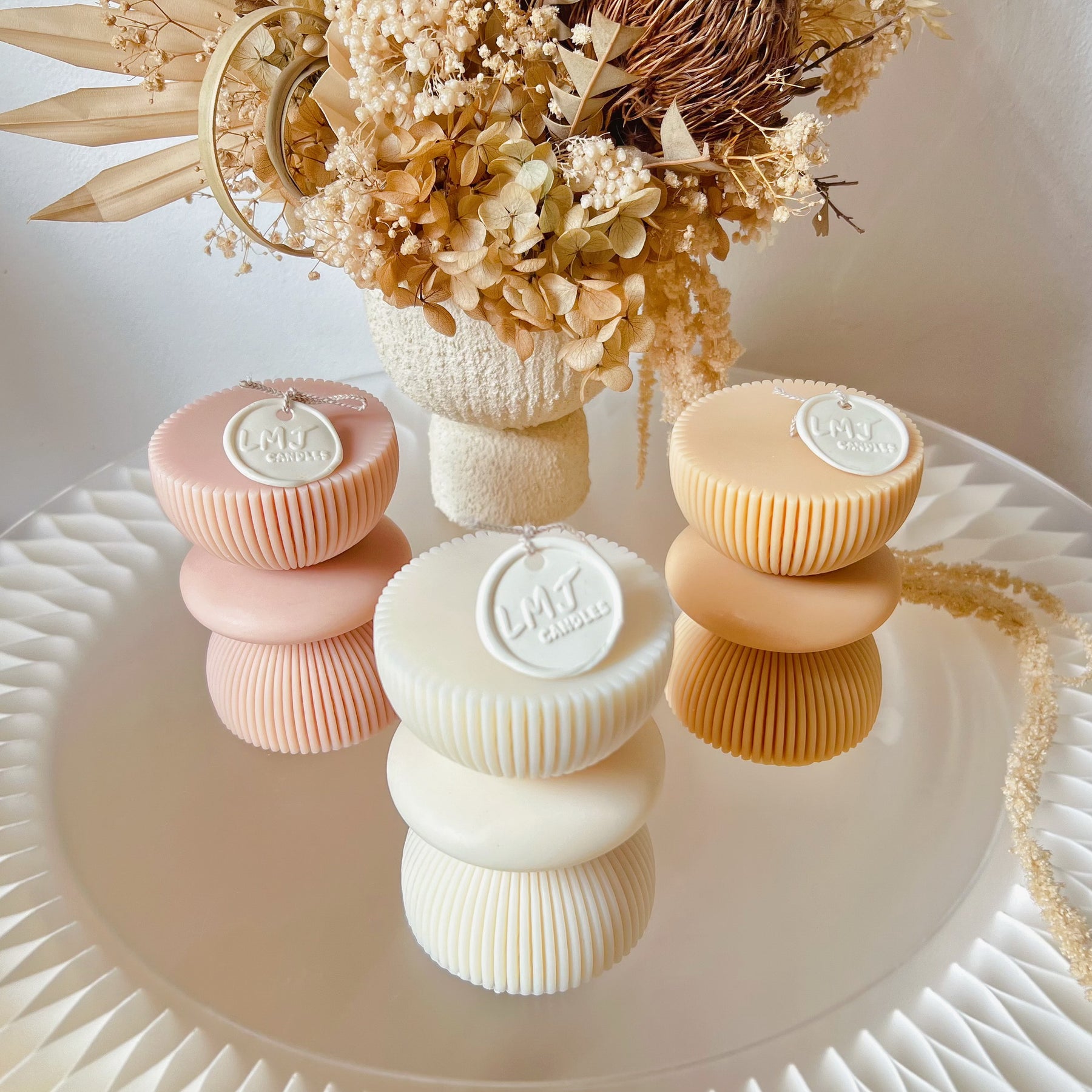 Short Ribbed Geometric Scented Soy Pillar Candle - LMJ Candles