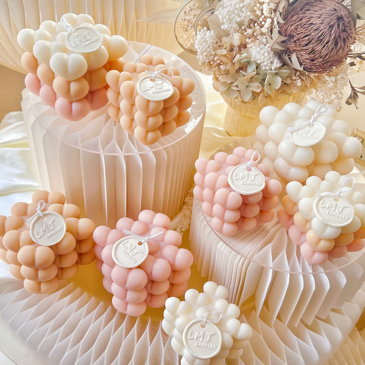 Handmade scented bubble cube candles, including heart and bubble ball candles, for stylish home décor and photo props | LMJ Candles