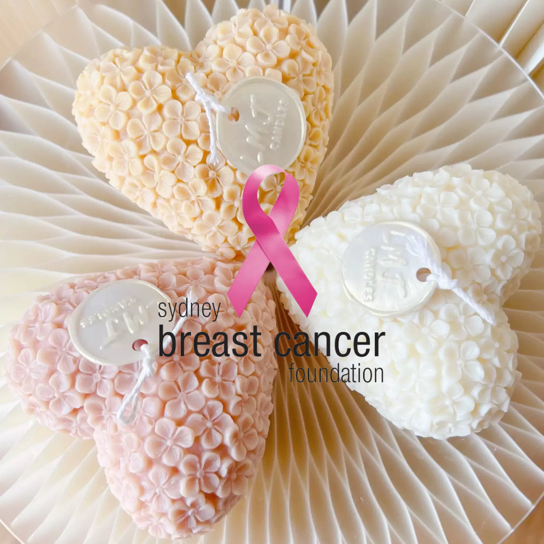 Flower Heart Candles with Pink Ribbon, LMJ Candles is proud to have donated $62,000 to the Sydney Breast Cancer Foundation  