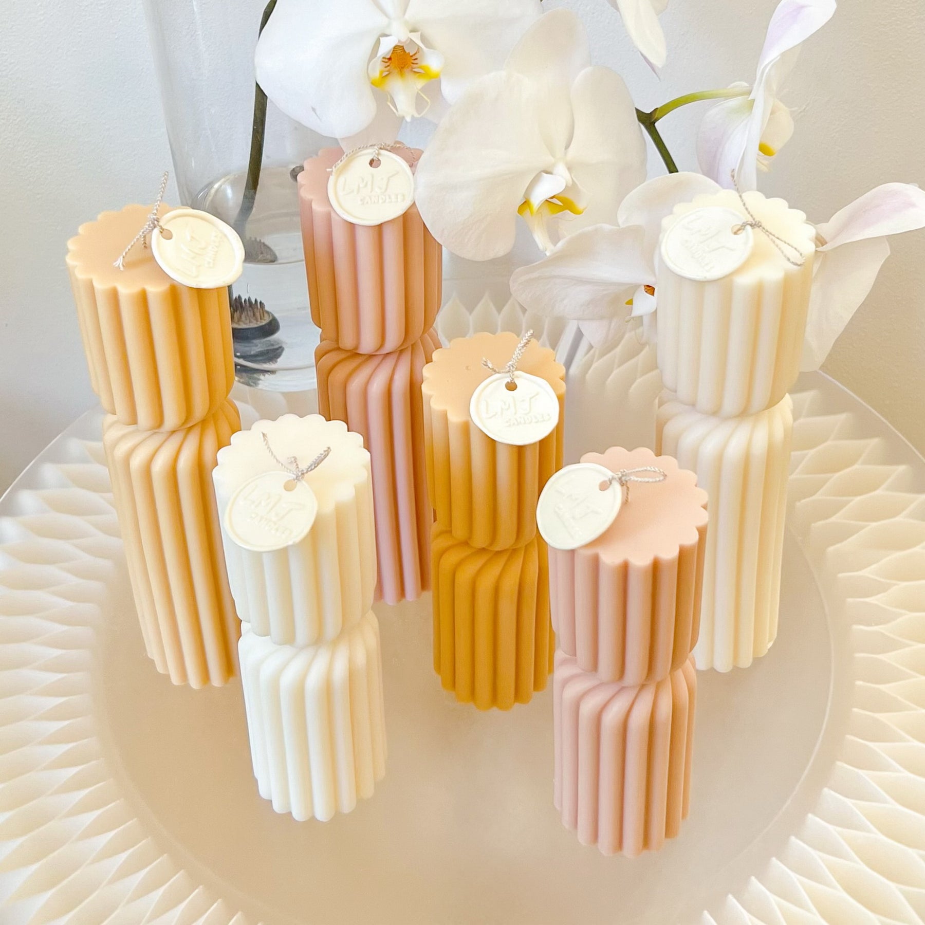 Hourglass Ribbed Circus Scented Soy Pillar Candle Set - LMJ Candles