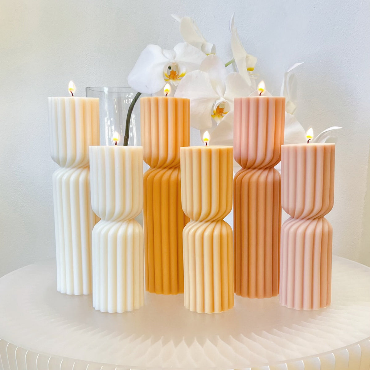 Hourglass Ribbed Circus Scented Soy Pillar Candle Set - LMJ Candles