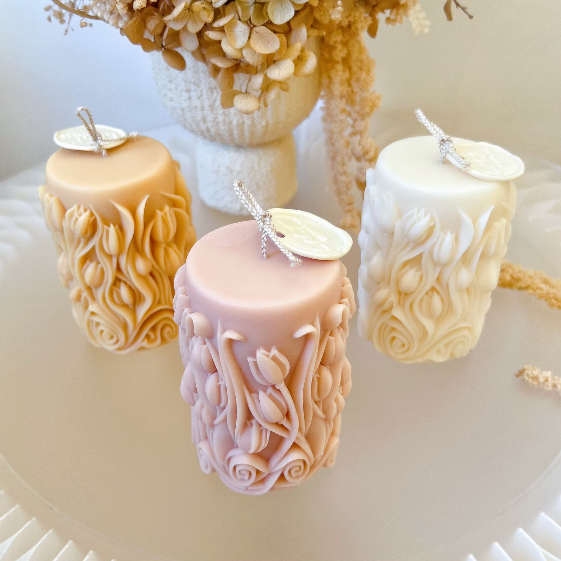 Tulip Scented Soy Pillar Candle, Flower Lover's Gift, LMJ Candles