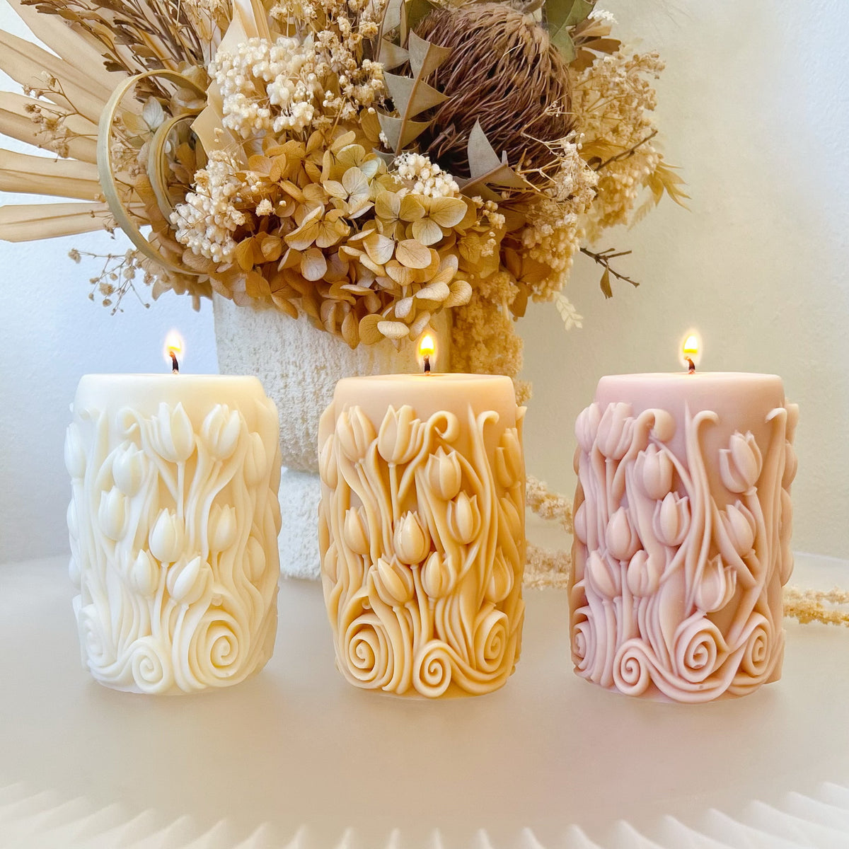 Tulip Scented Soy Pillar Candle, Flower Lover's Gift, LMJ Candles