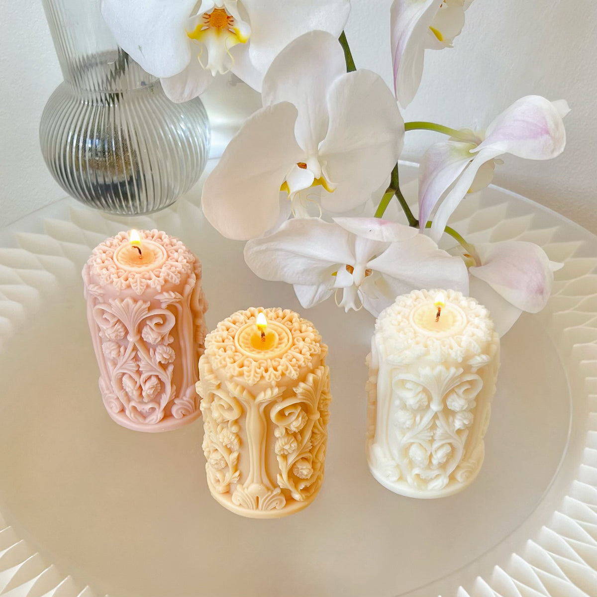 Retro Flower Scented Soy Pillar Candle, Home Décor, LMJ Candles