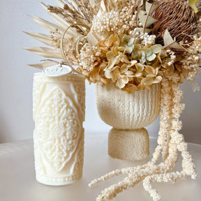 Vintage Lace Soy Pillar Candle, Statement Piece - LMJ Candles