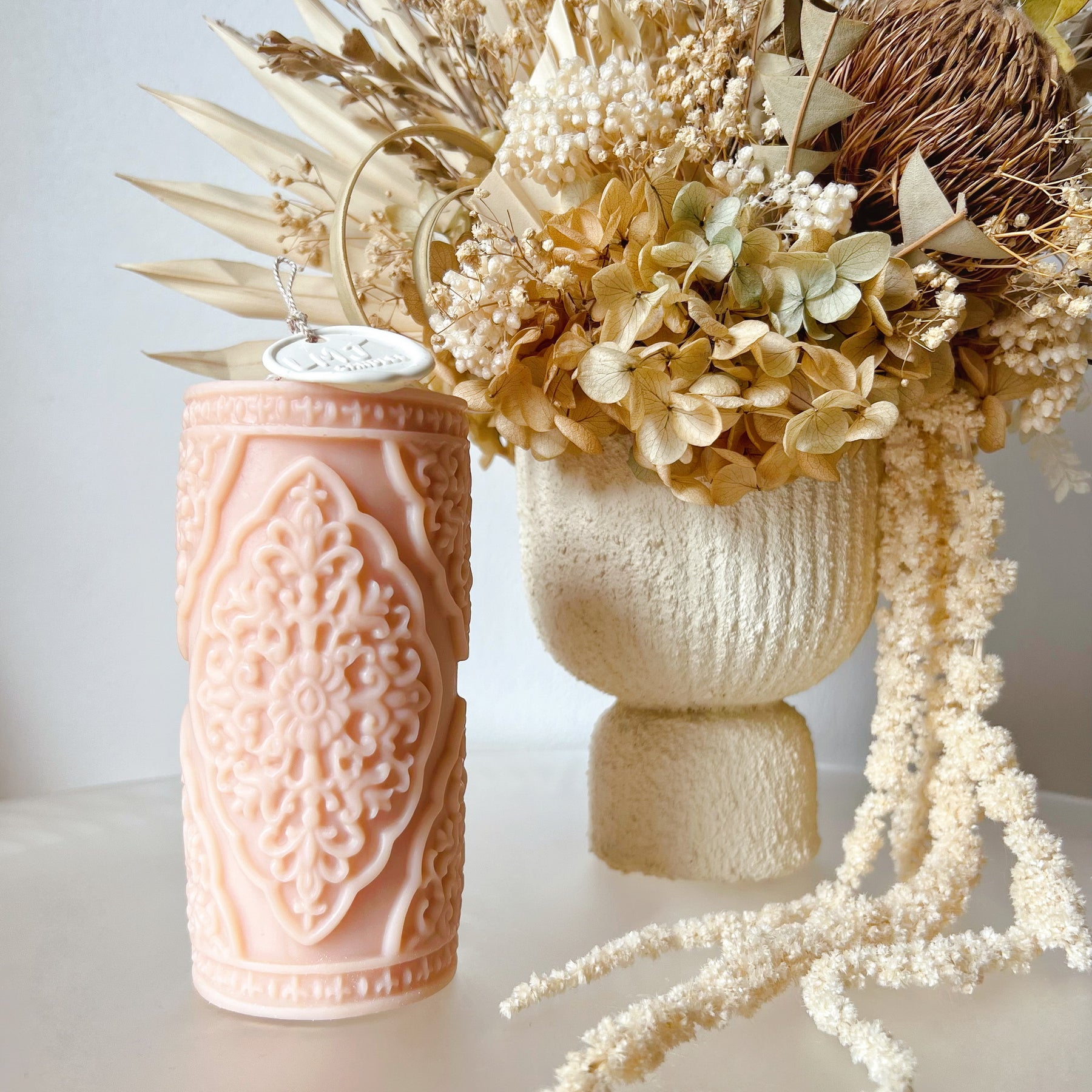 Vintage Lace Soy Pillar Candle, Statement Piece - LMJ Candles