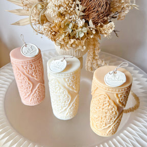 Vintage Lace Soy Pillar Candle, Statement Piece - LMJ Candles