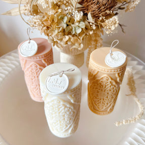 Vintage Lace Soy Pillar Candle, Statement Piece - LMJ Candles