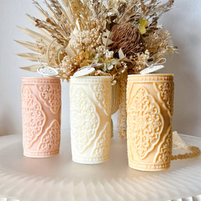 Vintage Lace Soy Pillar Candle, Statement Piece - LMJ Candles