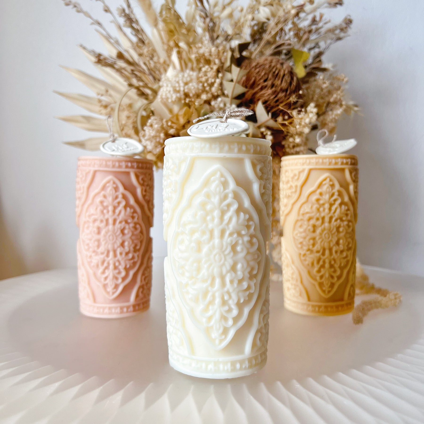 Vintage Lace Soy Pillar Candle, Statement Piece - LMJ Candles