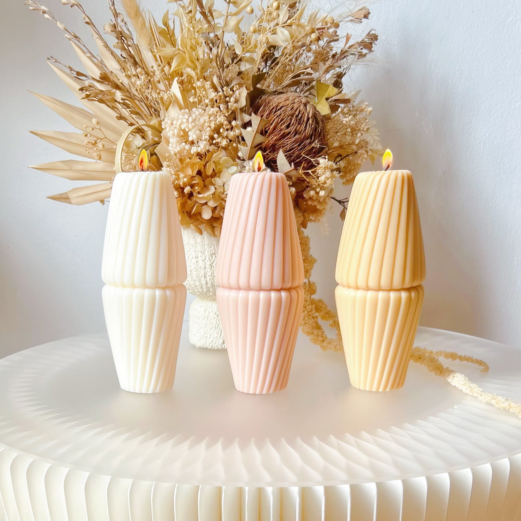Minimalistic Ribbed Swirl Scented Soy Pillar Candle - LMJ Candles