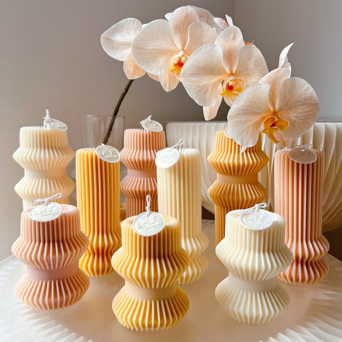 Handmade soy wax pillar candles in various sizes and scents. Column candle perfect for weddings and home décor. | LMJ Candles