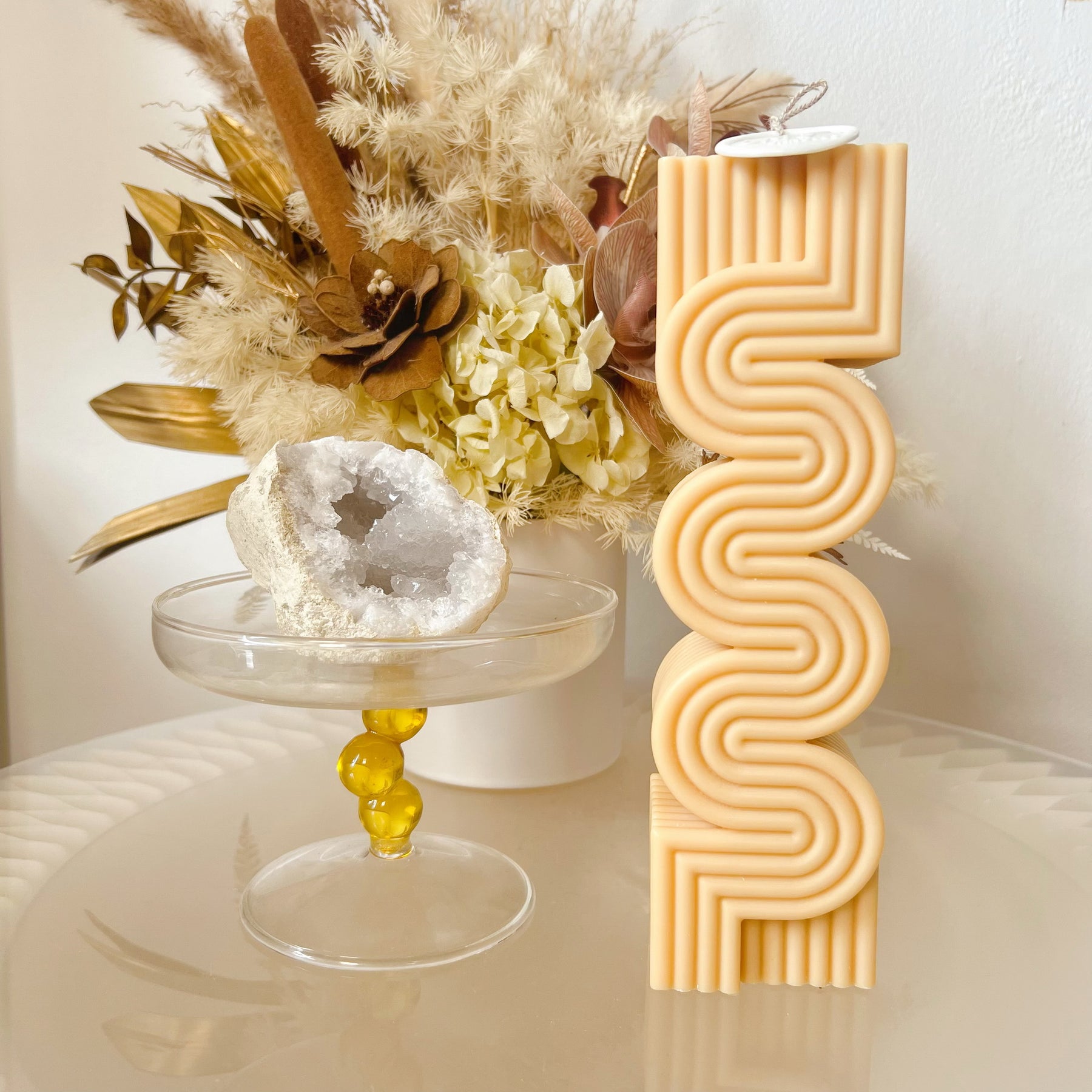 Large Ribbed Wave Soy Pillar Candle, Statement Piece - LMJ Candles