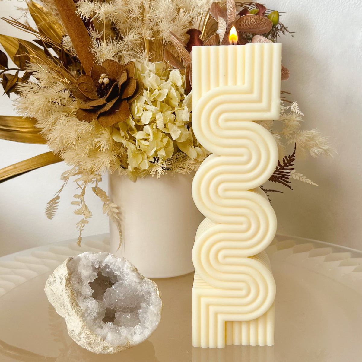 Large Ribbed Wave Soy Pillar Candle, Statement Piece - LMJ Candles