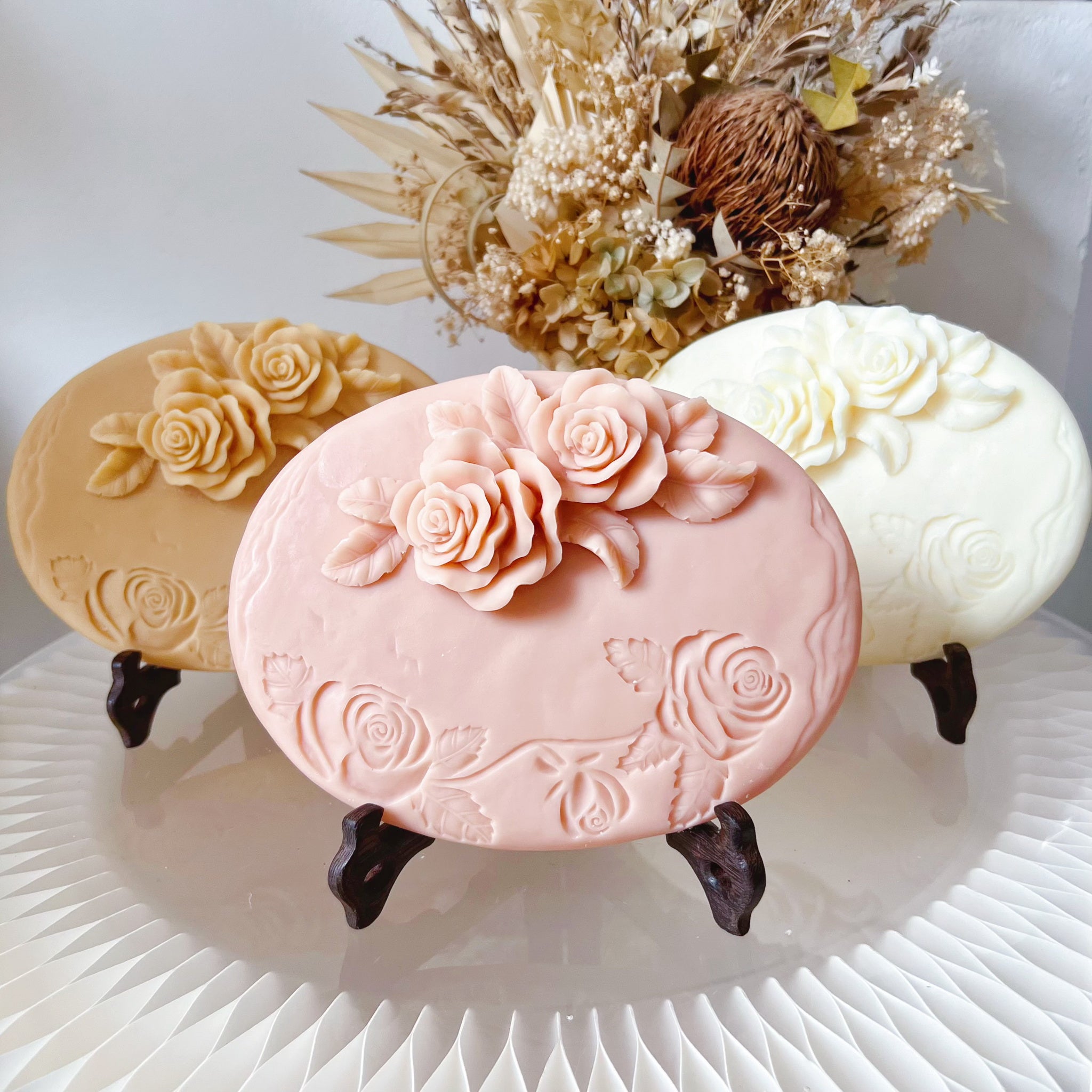 Handmade oval shaped rose Scented Wax Tablets on wood stand, LMJ Candles