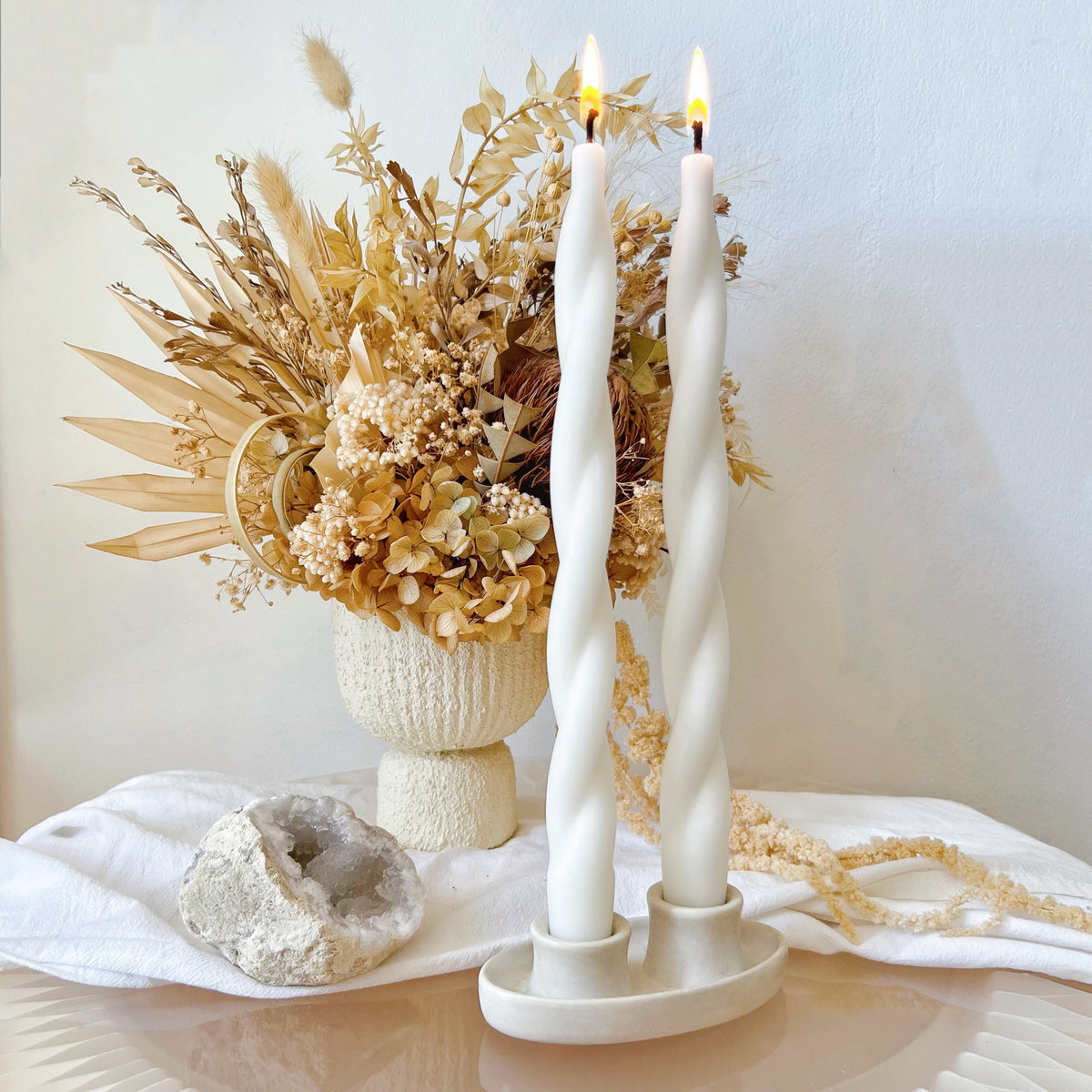 handmade twisted taper candles on white candle holder, LMJ Candles
